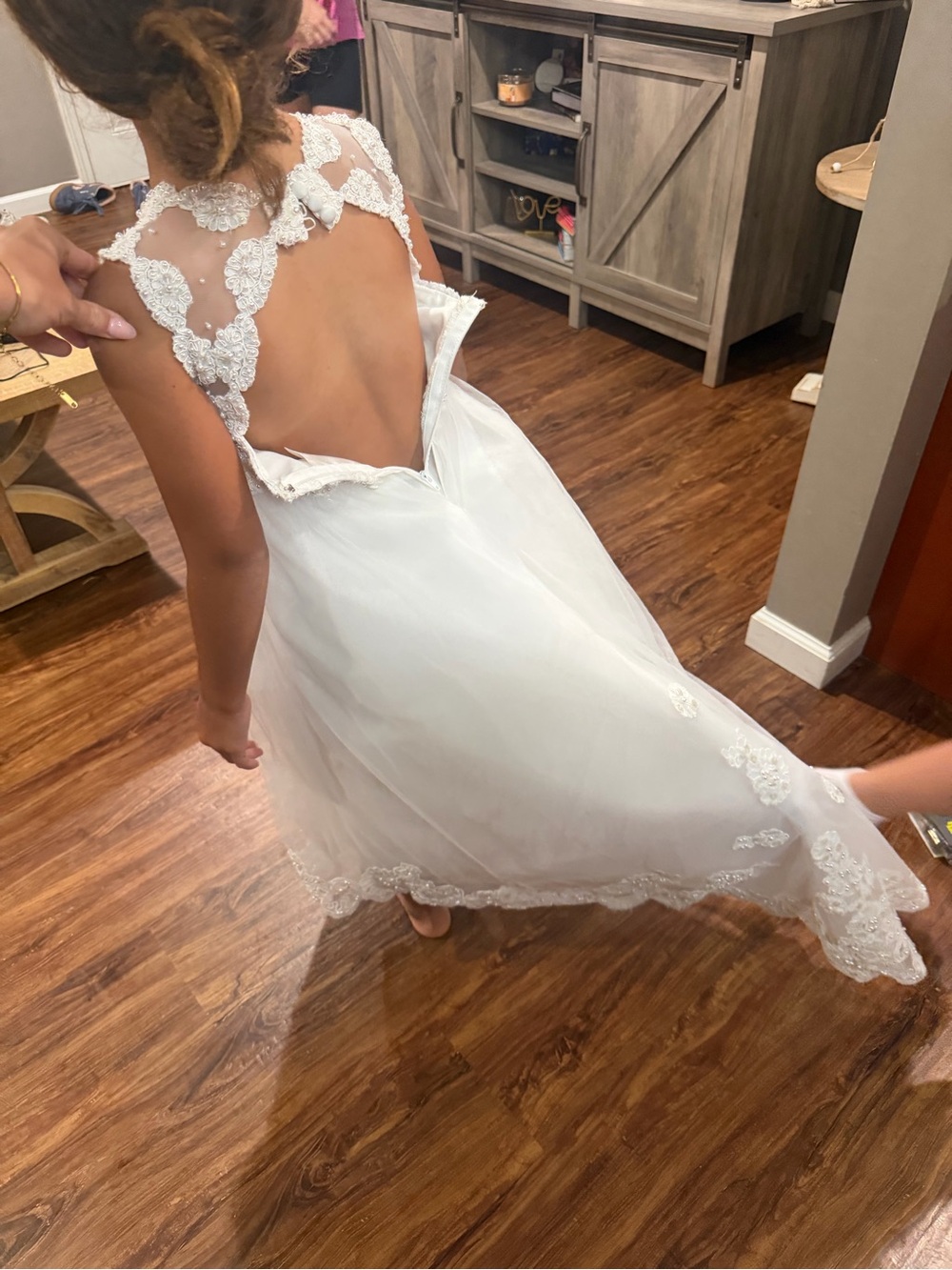 David's Bridal White Lace Chiffon Flower Girl Dress - Picture 2 of 3
